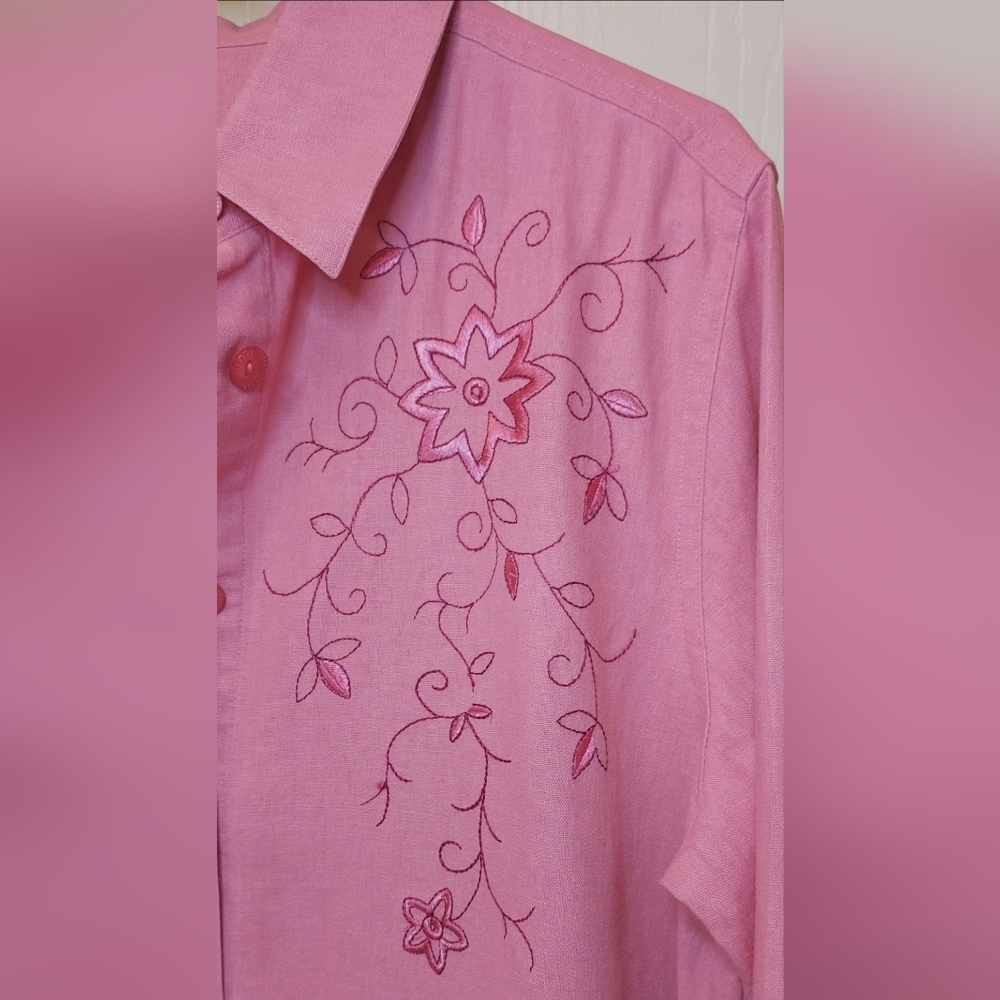 Draper's & Damon Pink Linen Button Up Top Size Large Blouse Embroidered Top Boho - Picture 3 of 10